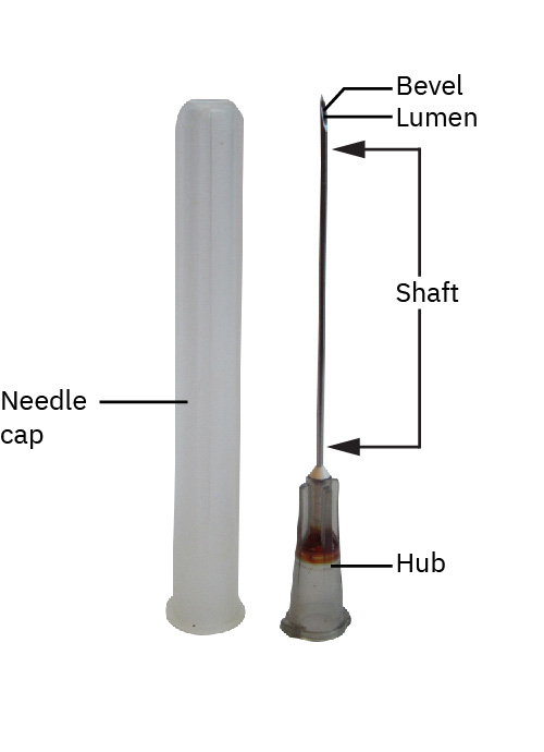 멸균 취급을 위한 바늘 구성요소 라벨: 캡, 허브, 샤프트, 베벨, 루멘