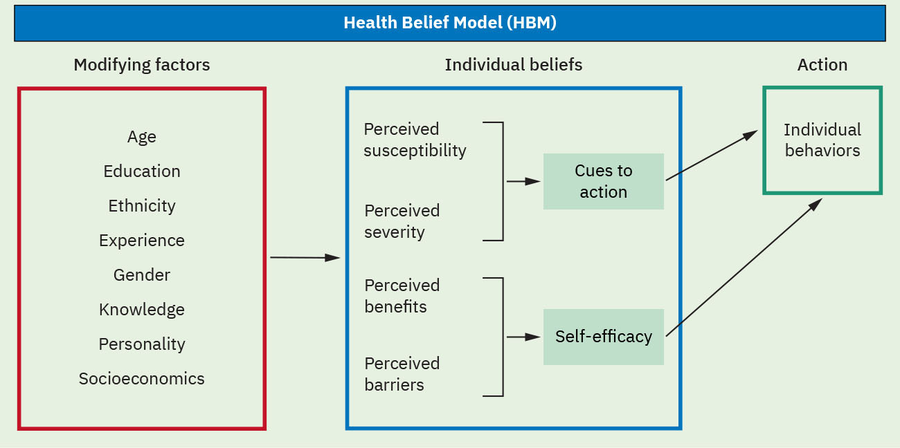 변형 요인, 지각된 민감성·심각성·이득·장벽, 행동 단서를 보여주는 Health Belief Model