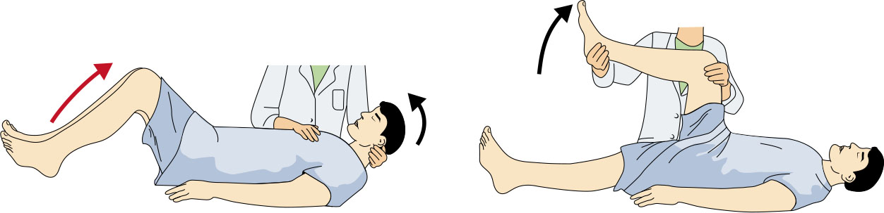 집중 수막염 병상 사정에서 사용하는 Brudzinski 및 Kernig 수막 징후 검사법